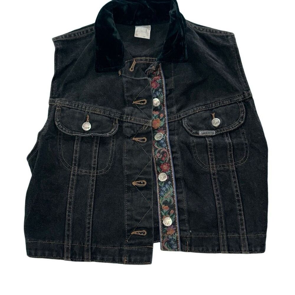 Lee Black Denim Vest with Velvet Collar and Floral Trim